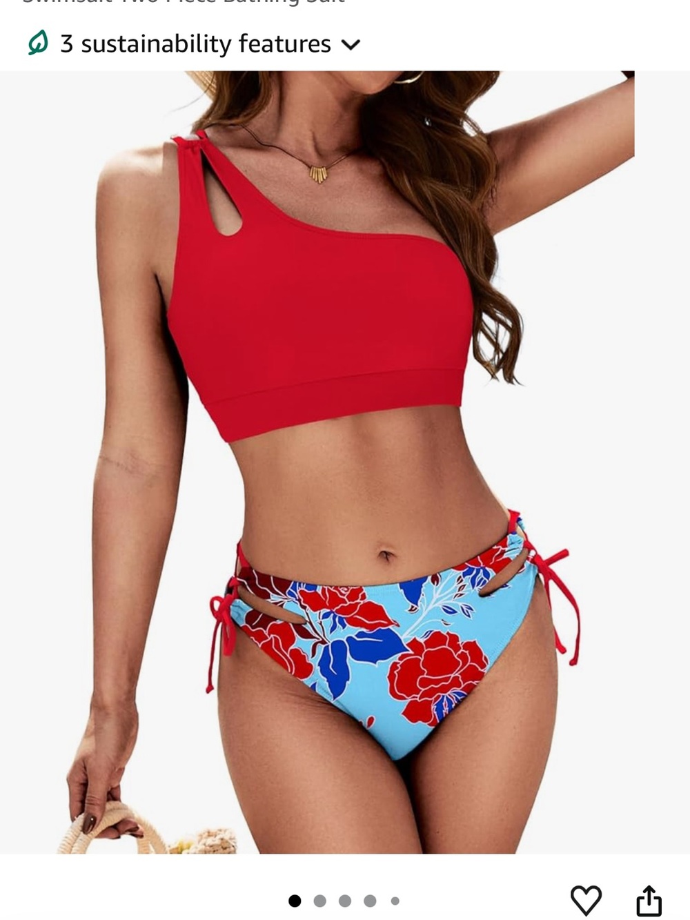 NWT Red One-Shoulder Swim Top with Floral Blue Bikini Bottom - Women Swim